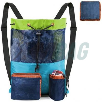 Polyester Waterproof Drawstring Mesh Backpack with Zipper and Water Bottle Mesh Pockets